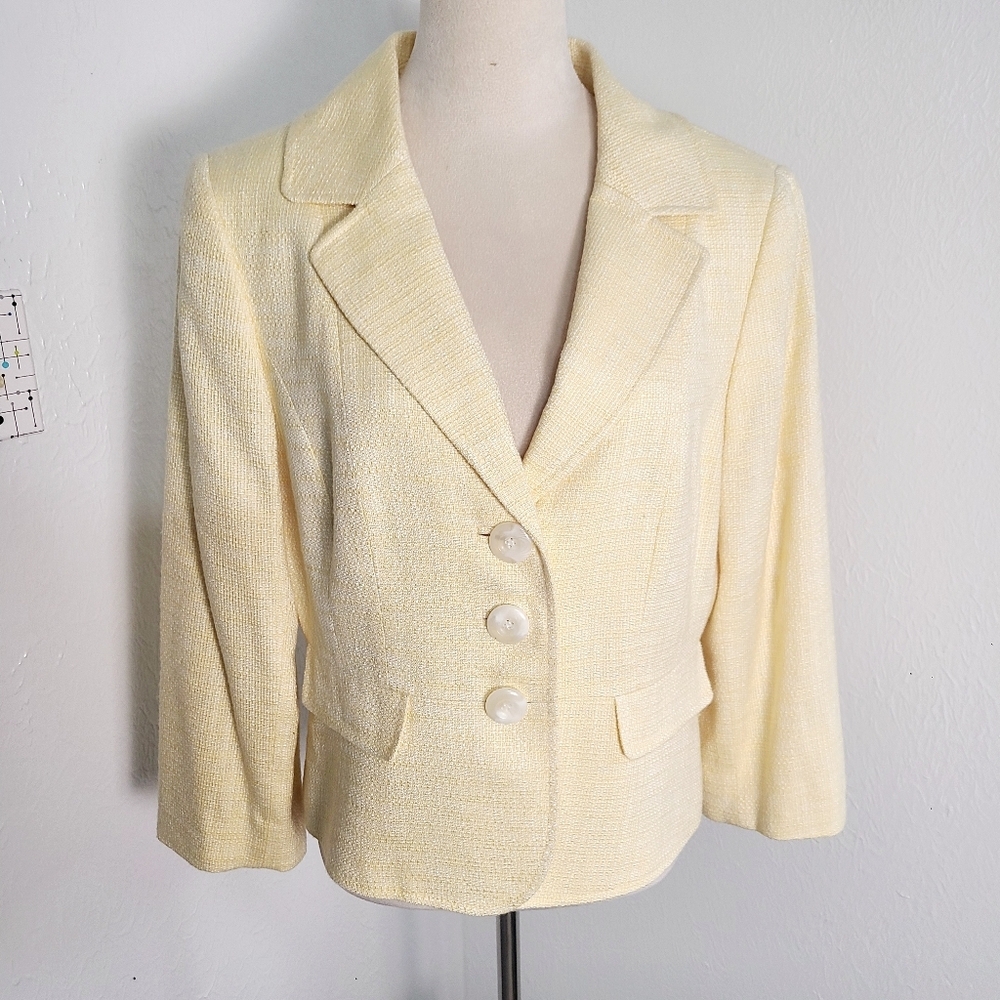 Alex Marie Pale Yellow Textured Tweed Three-Button Blazer, Size 12